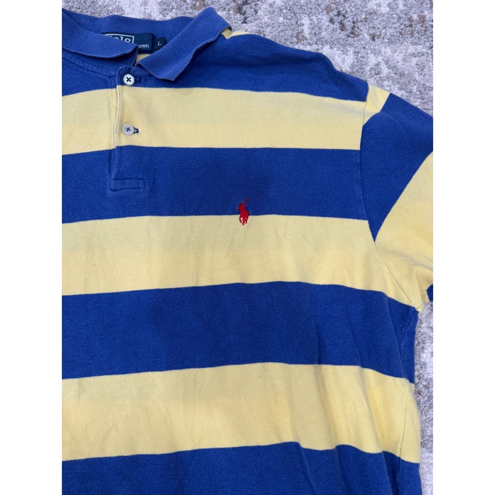 VTG Polo Ralph Lauren Mens‎ Large Blue Yellow Striped Short Sleeve Cotton Polo - Picture 2 of 7